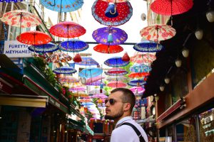 umbrella hanging over Turkish shops